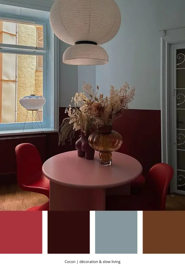 association de couleurs avec du bordeaux coin repas table colorée chaise design rouge mur soubassement peinture bleu association de couleurs avec du bordeaux coin repas table colorée chaise design rouge mur soubassement peinture bleu