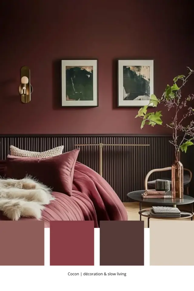 association de couleurs avec du bordeaux chambre parentale peinture mate soubassement texturé bois parure de lit velours lumineux association de couleurs avec du bordeaux chambre parentale peinture mate soubassement texturé bois parure de lit velours lumineux