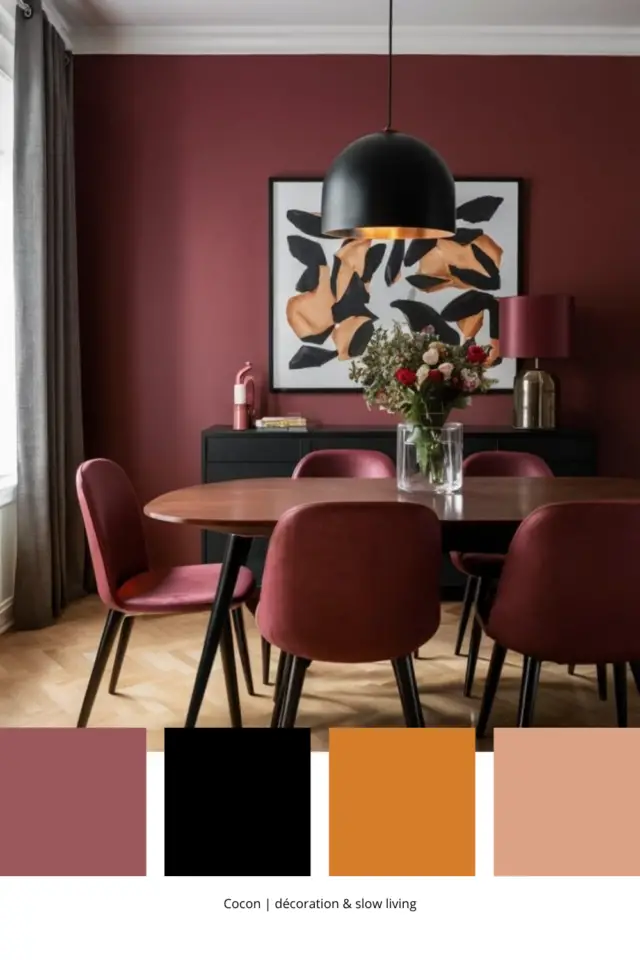 association de couleurs avec du bordeaux salle à manger peinture murale chaise touche de noir luminaire pied de table piètement de chaise buffet parquet association de couleurs avec du bordeaux salle à manger peinture murale chaise touche de noir luminaire pied de table piètement de chaise buffet parquet