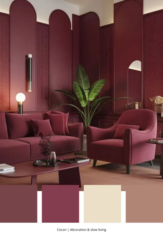 association de couleurs avec du bordeaux salon séjour décor mural original peinture blanche panneaux colorés et papier peint canapé et fauteuils assortis association de couleurs avec du bordeaux salon séjour décor mural original peinture blanche panneaux colorés et papier peint canapé et fauteuils assortis