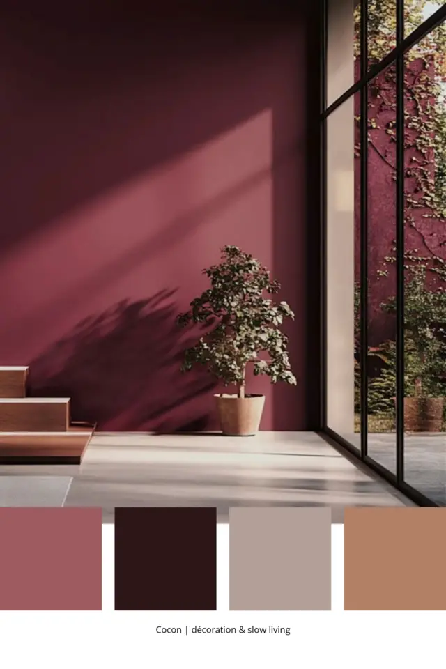 association de couleurs avec du bordeaux entrée couloir espace de passage baie vitrée moderne menuiserie noir sol béton ciré gris détail marron association de couleurs avec du bordeaux entrée couloir espace de passage baie vitrée moderne menuiserie noir sol béton ciré gris détail marron