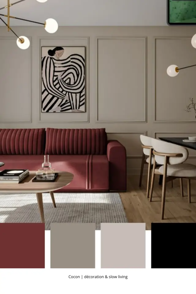 association de couleurs avec du bordeaux canapé coloré mur beige mate moulure sol parquet détail noir et or table basse bois association de couleurs avec du bordeaux canapé coloré mur beige mate moulure sol parquet détail noir et or table basse bois