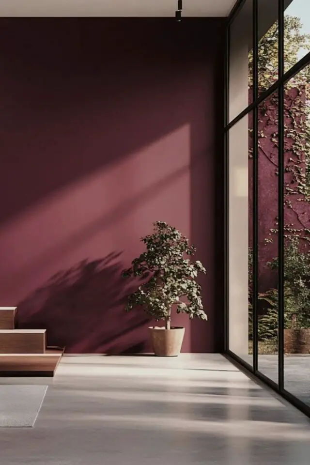 bordeaux décoration intérieure chic minimalisme sophistiqué peinture murale grande baie vitrée revêtement de sol béton ciré bordeaux décoration intérieure chic minimalisme sophistiqué peinture murale grande baie vitrée revêtement de sol béton ciré