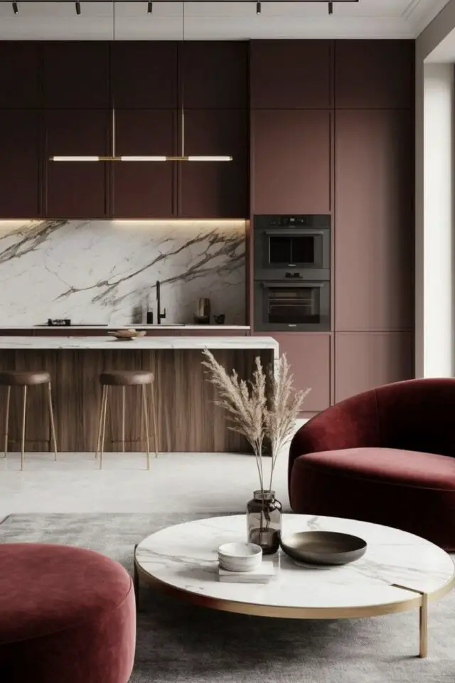 bordeaux décoration intérieure chic cuisine ouverte sur le salon matériaux sophistiqués bois marbre béton ciré velours moderne et élégant bordeaux décoration intérieure chic cuisine ouverte sur le salon matériaux sophistiqués bois marbre béton ciré velours moderne et élégant