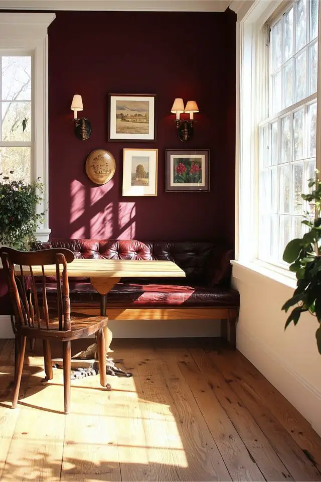 bordeaux décoration intérieure chic salle à manger coin repas avec banquette en cuir coloré ton sur ton mur peinture ambiance rétro chic bordeaux décoration intérieure chic salle à manger coin repas avec banquette en cuir coloré ton sur ton mur peinture ambiance rétro chic