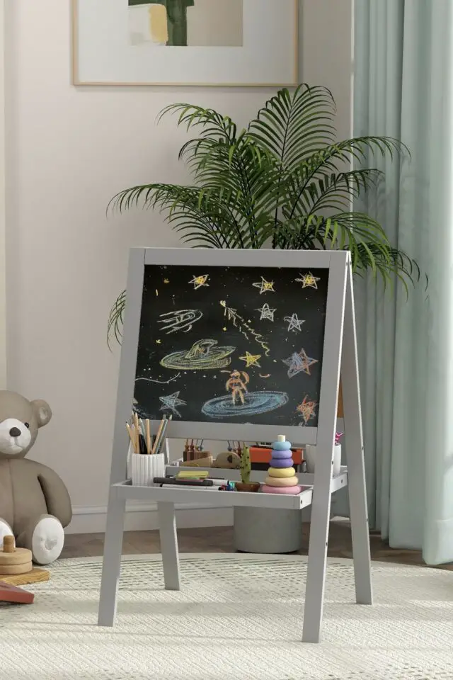 Chevalet peinture enfant double face avec tableau blanc et noir gris
