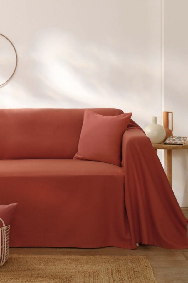 Jeté canapé coton bachette uni terracotta 