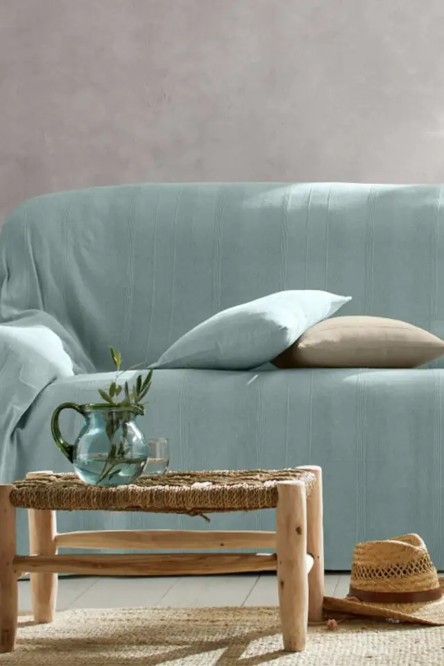 Plaid ou jeté uni coton tissage artisanal céladon 