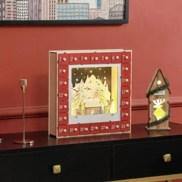Calendrier de l'avent led en bois 24 tiroirs à remplir décoration lumineuse rouge Calendrier de l'avent led en bois 24 tiroirs à remplir décoration lumineuse rouge