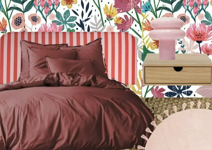 chambre adulte moderne touche de rose papier peint tête de lit rayures tapis lampe de chevet