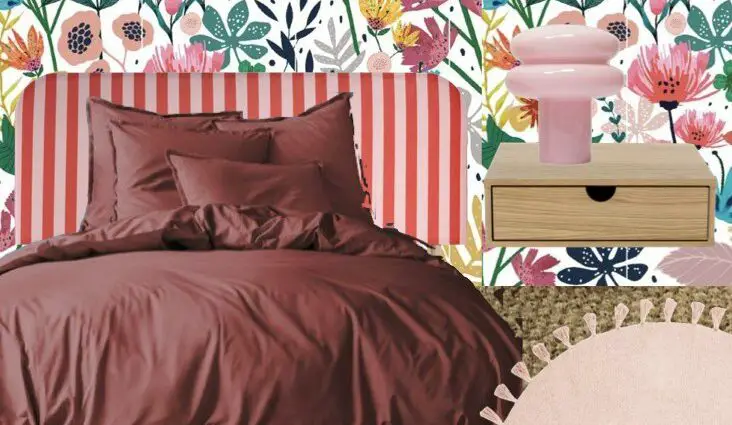 chambre adulte moderne touche de rose papier peint tête de lit rayures tapis lampe de chevet