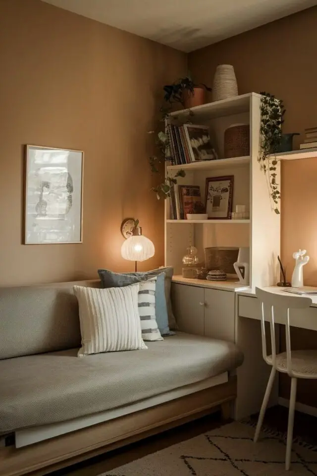 chambre d'amis bureau aménagement canapé-lit convertible gain de place meuble rangement blanc couleur mur chaleureuse terracotta brun 