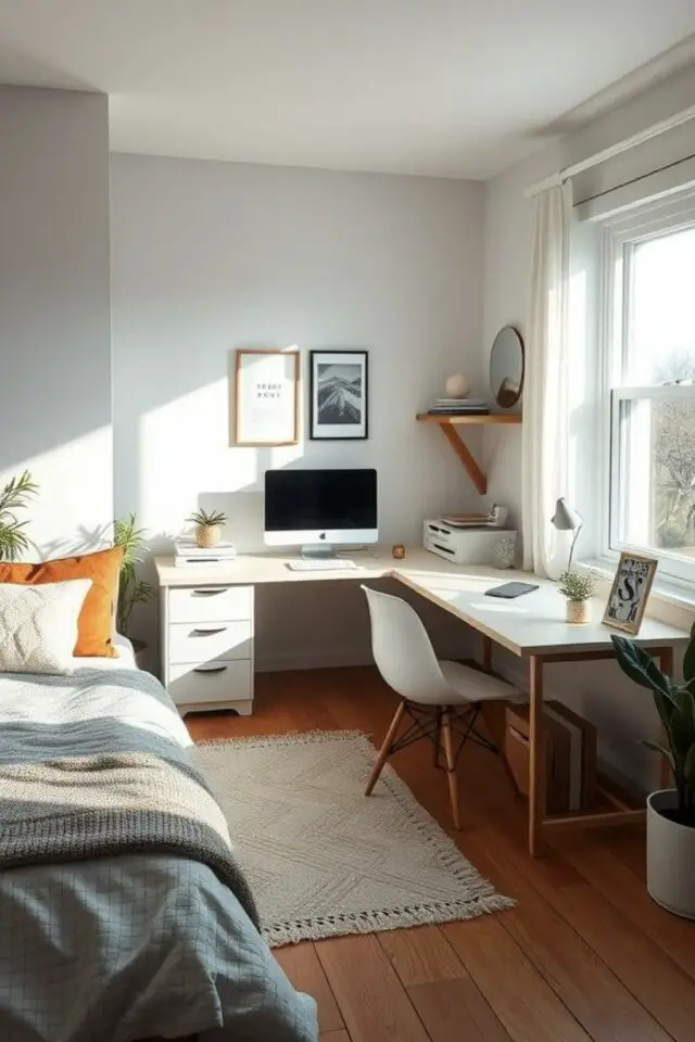 chambre d'amis bureau aménagement meuble d'angle grand espace de travail près de la fenêtre 