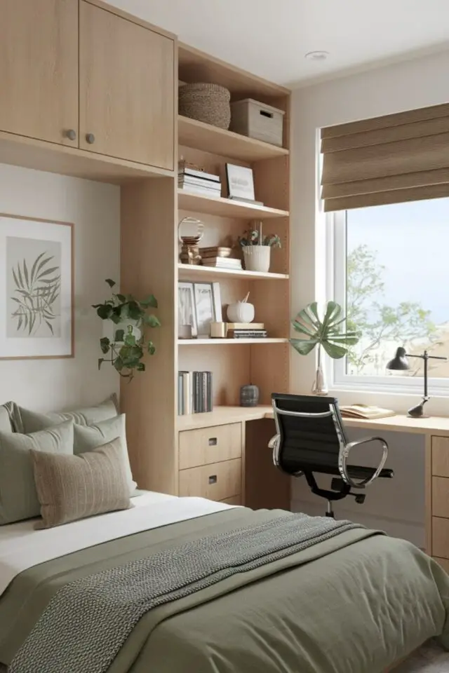 chambre d'amis bureau exemple pont de lit sur-mesure en bois avec étagère et espace de travail pratique 