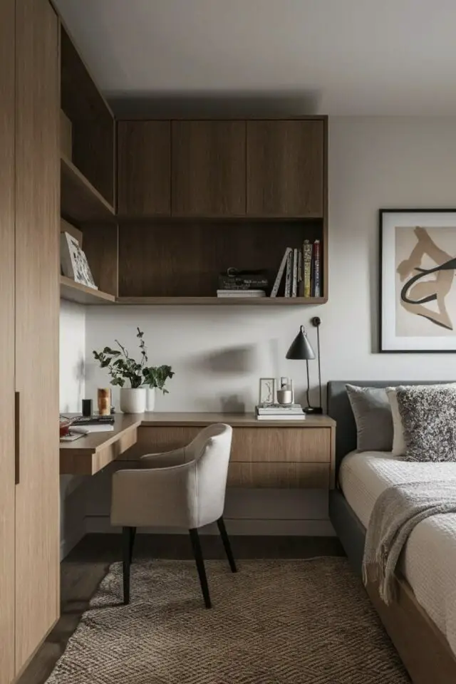 chambre d'amis bureau exemple meuble sur mesure aménagement et optimisation d'espace mobilier d'angle avec étagère et penderie 