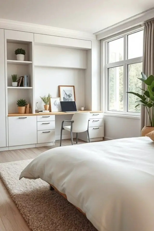 chambre d'amis bureau exemple meuble sur mesure mur près de la fenêtre rangement pratique et intégré ambiance moderne 