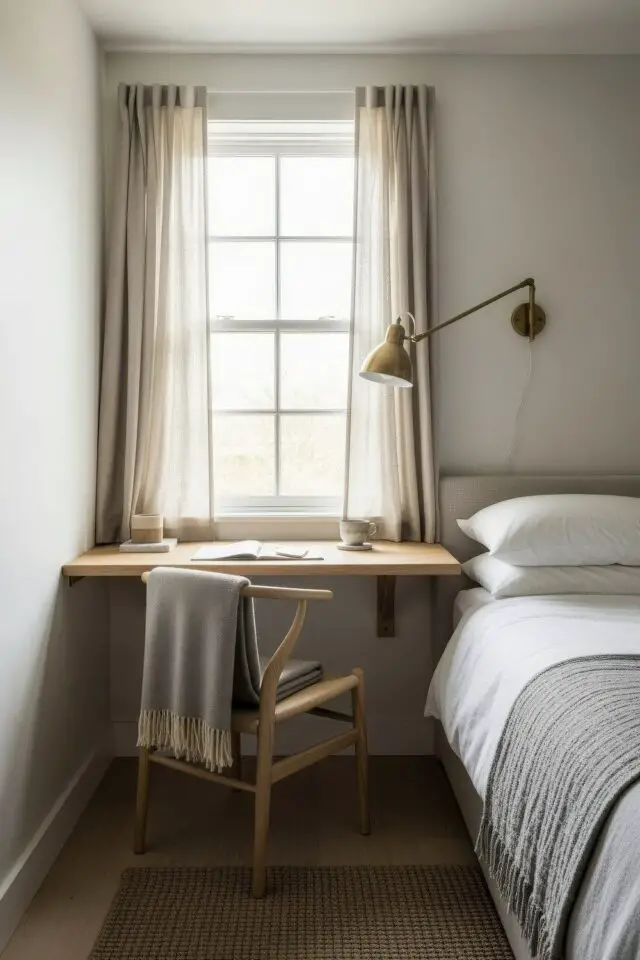 chambre d'amis bureau exemple petite tablette murale installée sous la fenêtre à côté du lit petit espace 