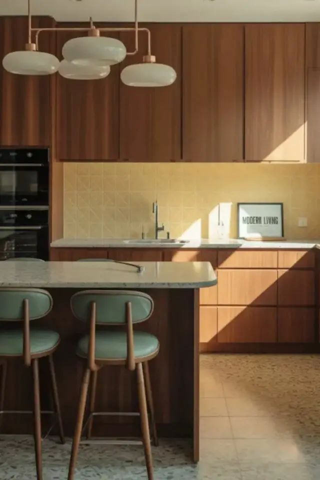 cuisine surface m2 espace ouvert avec petît îlot central plan snack repas meuble en bois esprit vintage 