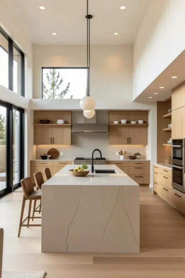 cuisine surface m2 aménagement grand espace fermé avec îlot central possibilité de prendre les repas et espace évier baie vitrée