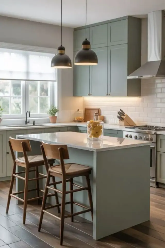 cuisine surface m2 petite superficie avec îlot central implantation en L meuble coloré vert classique aménagement maison 