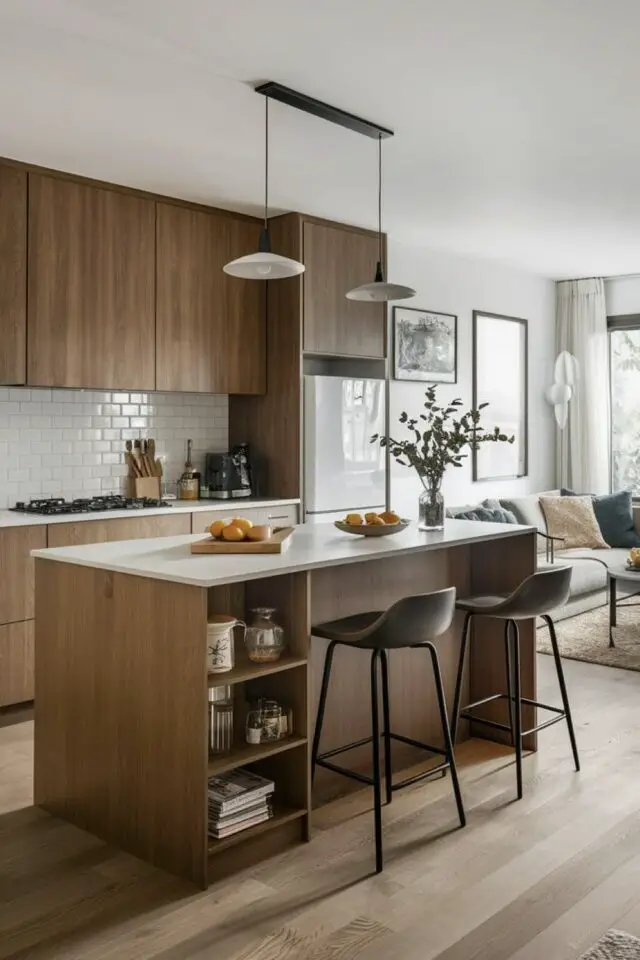 cuisine surface m2 aménagement ouverte sur le salon et la salle à manger implantation en linéaire avec îlot plan snack rangement 