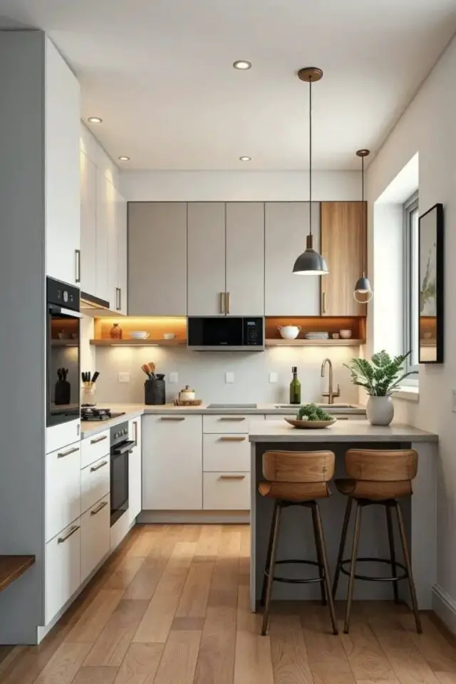 cuisine surface m2 petit appartement implantation en L avec îlot compact contre le mur optimisation d'espace