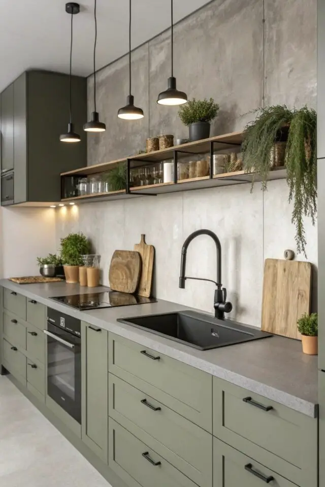 cuisine surface m2 aménagement en linéaire ouverte meuble moderne chic vert sauge plan de travail gris triangle d'activité en longueur 