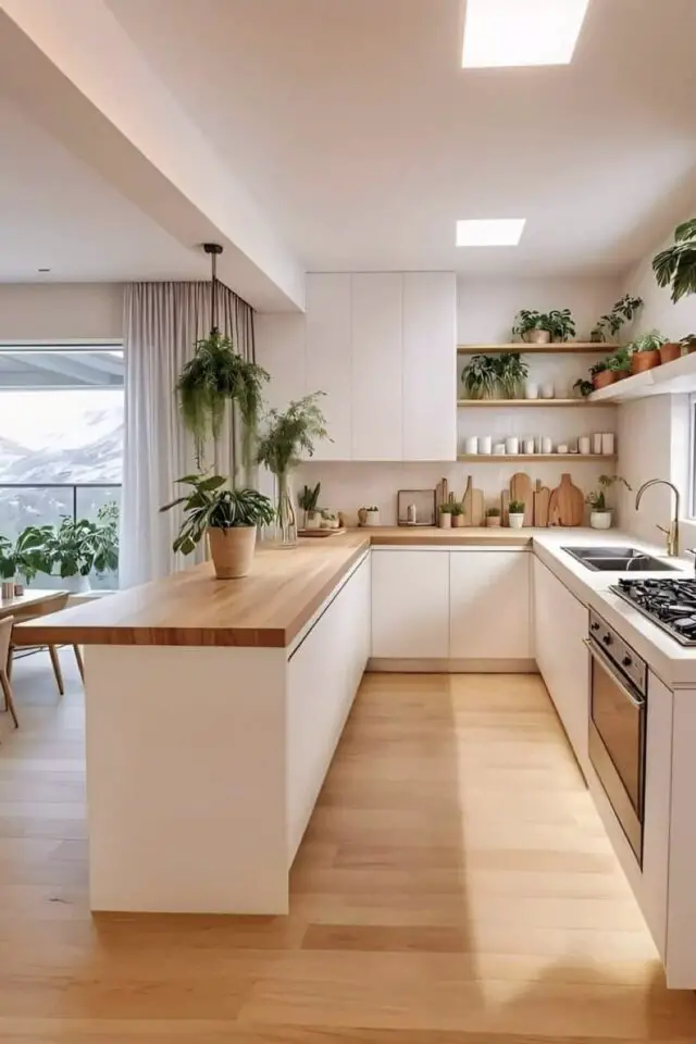 cuisine surface m2 en U ouvert blanc et bois espace de vie moderne et convivial 