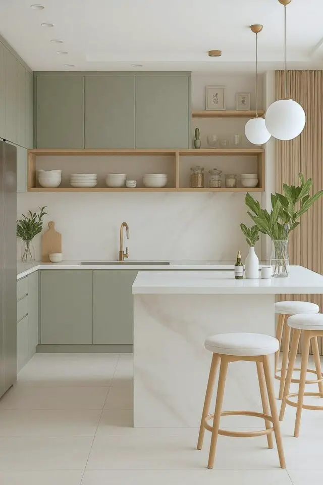 cuisine surface m2 aménagement moderne avec îlot central ouvert mobilier épuré vert et bois crédence marbre 