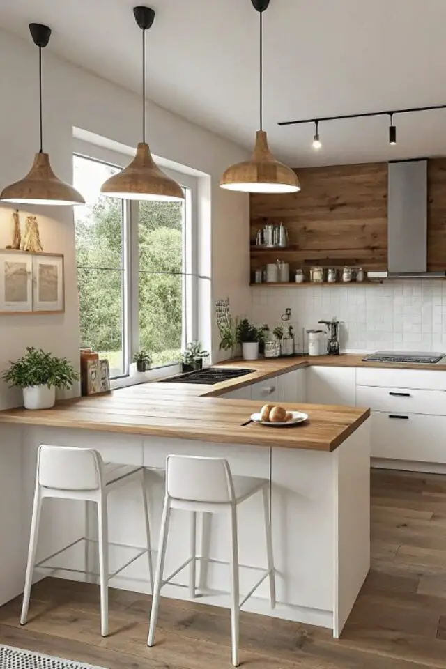 cuisine surface m2 aménagement en U meuble blanc moderne plan de travail îlot en épis petit espace ouvert 