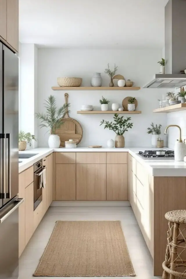 cuisine surface m2 aménagement petit espace fermé implantation en U nombreux rangement moderne ambiance chaleureuse 