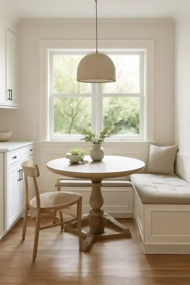 cuisine surface m2 petit espace coin repas avec banquette table ronde ambiance classique chic 