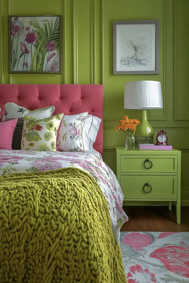 décoration couleur Green Gen Z contraste chambre à coucher adulte peinture murale verte tête de lit capitonnée rose décoration couleur Green Gen Z contraste chambre à coucher adulte peinture murale verte tête de lit capitonnée rose