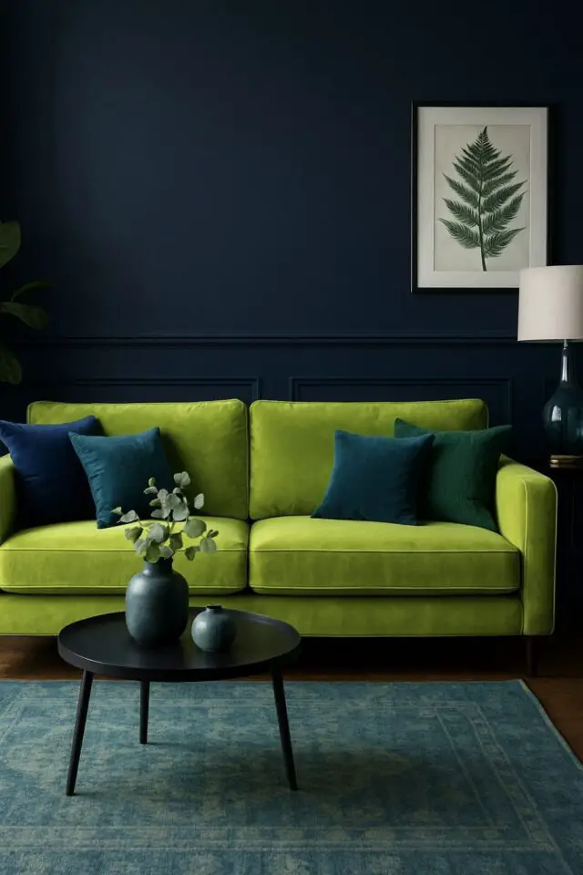 décoration couleur Green Gen Z salon canapé vert lumineux contre mur bleu roi sombre décor chic et élégant décoration couleur Green Gen Z salon canapé vert lumineux contre mur bleu roi sombre décor chic et élégant