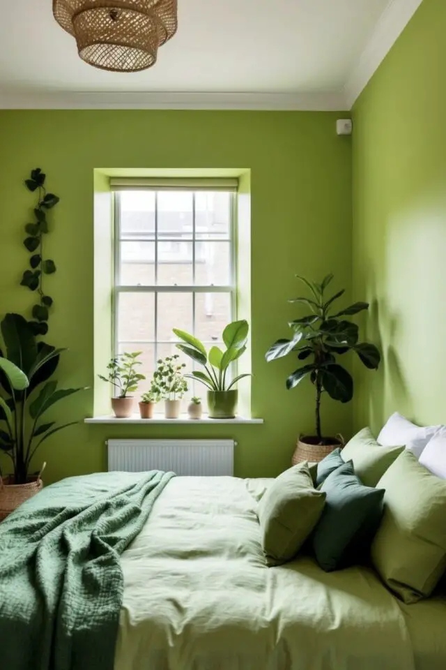 décoration couleur Green Gen Z chambre adulte camaïeu de vert peinture murale parure de lit plantes d'intérieur décoration couleur Green Gen Z chambre adulte camaïeu de vert peinture murale parure de lit plantes d'intérieur