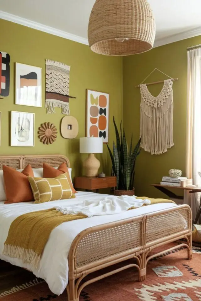 décoration couleur Green Gen Z chambre parentale moderne peinture murale verte détail textiles terracotta et ocre ambiance bohème chic décoration couleur Green Gen Z chambre parentale moderne peinture murale verte détail textiles terracotta et ocre ambiance bohème chic