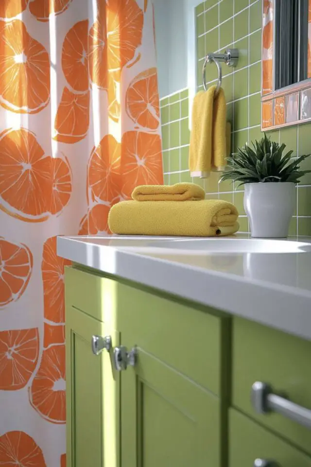 décoration couleur Green Gen Z petite salle de bain vitaminée carrelage et meuble vert rideau de douche orange serviette jaune décoration couleur Green Gen Z petite salle de bain vitaminée carrelage et meuble vert rideau de douche orange serviette jaune