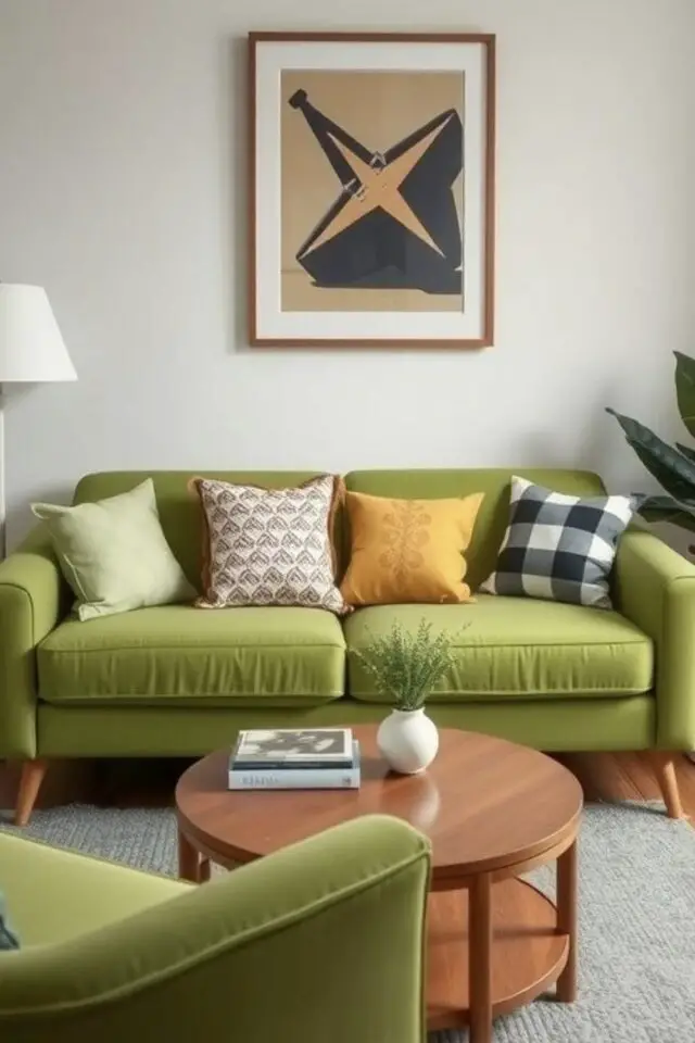 décoration couleur Green Gen Z salon vintage moderne blanc gris beige avec canapé vert et coussin jaune décoration couleur Green Gen Z salon vintage moderne blanc gris beige avec canapé vert et coussin jaune