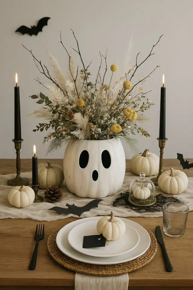 décoration halloween chic citrouille et fleurs fantôme centre de table blanc fleurs séchées bougies noires avec bougeoirs en laiton 