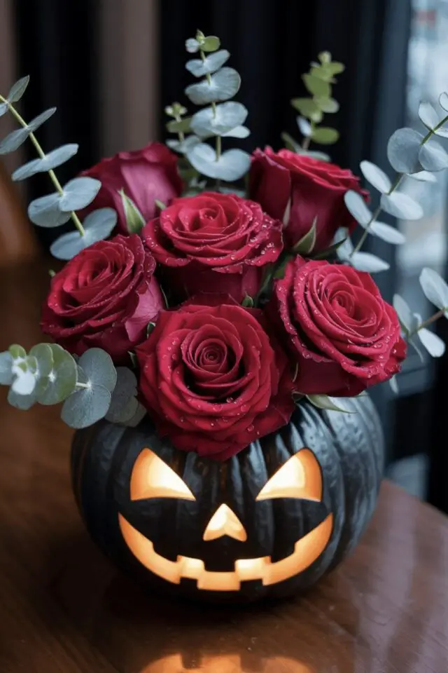 décoration halloween chic citrouille et fleurs peinture noire contraste rose rouge et eucalyptus bricolage déco à faire soi-même en automne 