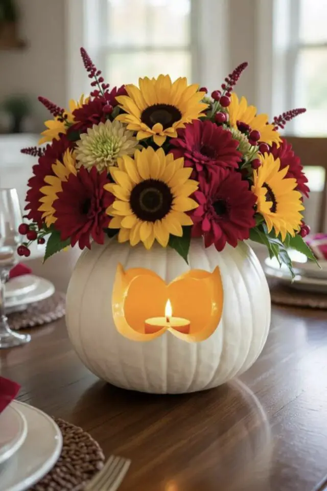 décoration halloween chic citrouille et fleurs découpage bougies bouquet jaune et rouge cucurbitacée blanche idée originale et élégante centre de table 