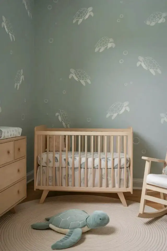 décoration murale chambre bébé papier peint sur tous les murs vert sauge motif tortues céladon calme et sérénité mobilier en bois 