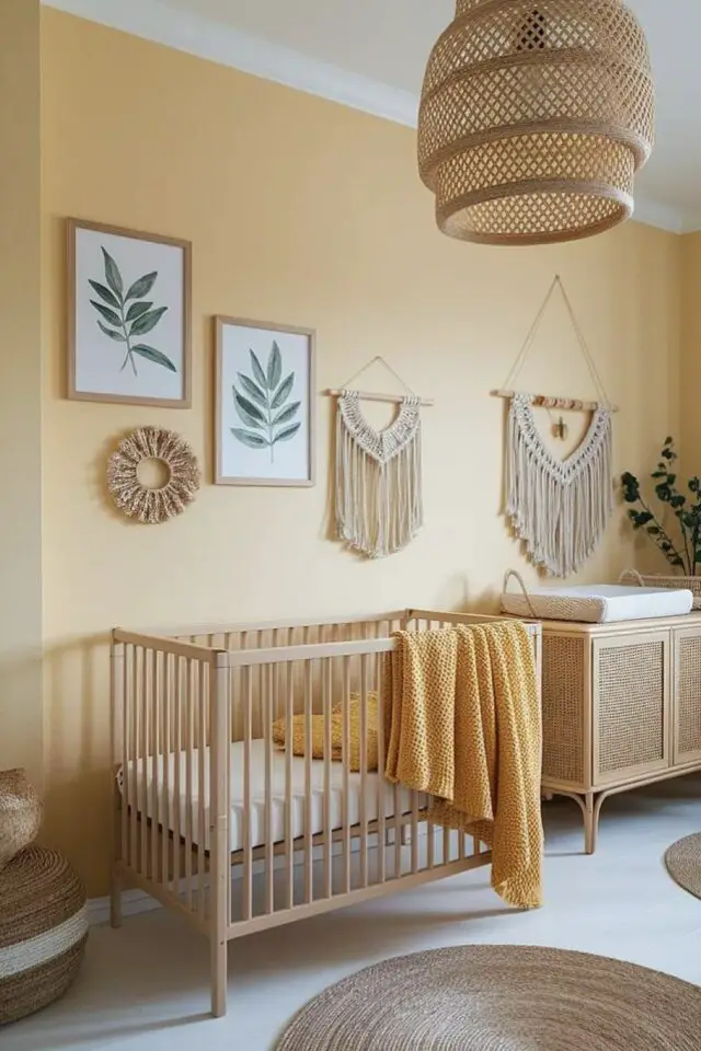 décoration murale chambre bébé peinture jaune pastel cadres en bois illustrations plantes macramé naturel dessus lit et table à langer 