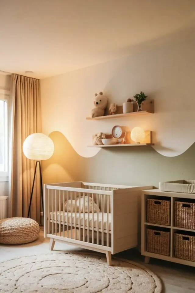 décoration murale chambre bébé idée moderne soubassement original peinture vagues vert sauge ambiance naturelle étagères en bois pour poser de la déco 