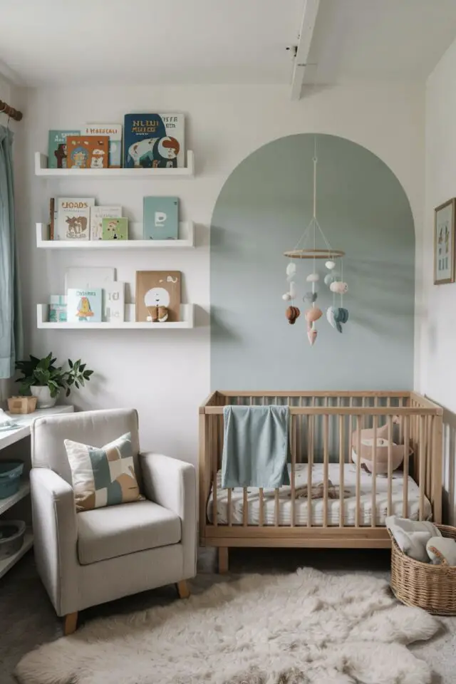 décoration murale chambre bébé idée moderne petite pièce blanche arche peinte en bleu point focal lit bébé étagère ton sur ton plus discrète 