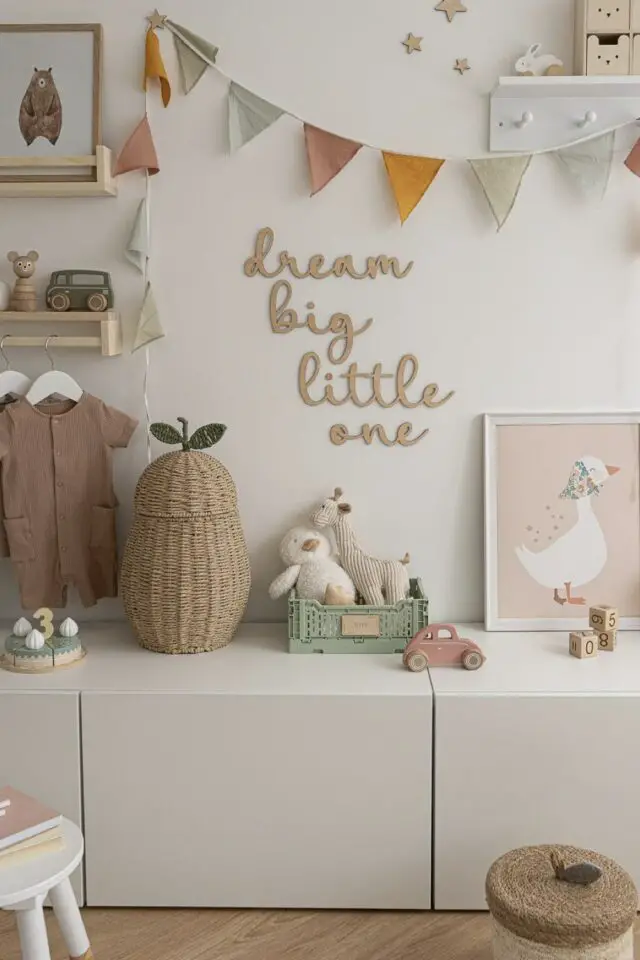 décoration murale chambre bébé idée moderne fanion en tissu coloré phrase positive en bois étagère et patères 