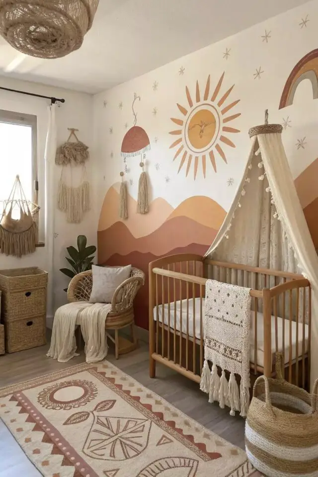 décoration murale chambre bébé exemple fresque peinte nuance de terracotta et d'ocre naturel et chaleureux paysage soleil à faire soi-même 