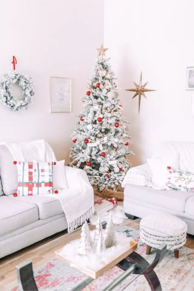 décoration noël traditionnel en rouge et blanc salon séjour moderne neutre toute petite touche de couleur sapin fausse neige décoration noël traditionnel en rouge et blanc salon séjour moderne neutre toute petite touche de couleur sapin fausse neige
