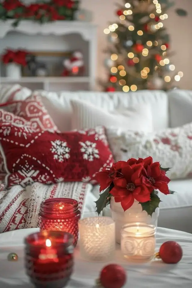 décoration noël traditionnel en rouge et blanc coussins brodés flocon de neige bougie colorée table basse facile décoration noël traditionnel en rouge et blanc coussins brodés flocon de neige bougie colorée table basse facile