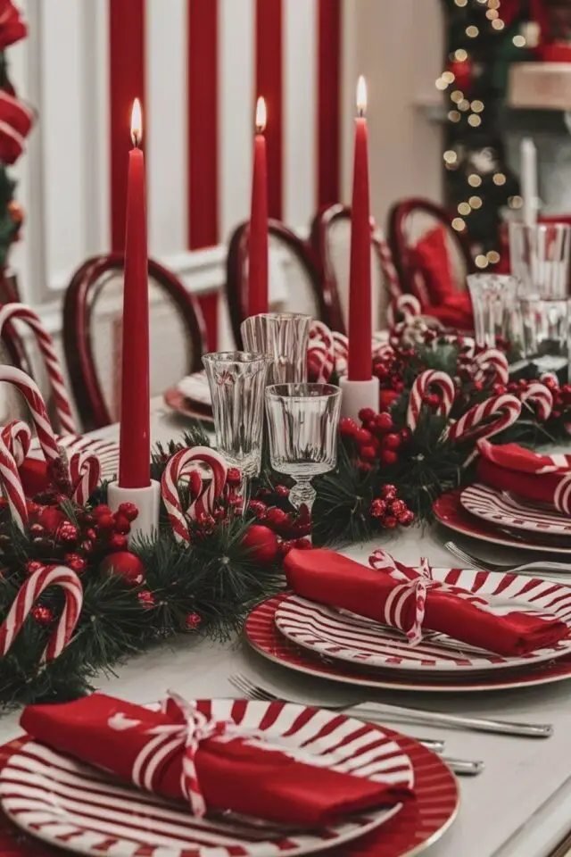 déco de Noël en rouge et blanc décoration de table moderne bougie colorée serviette de table assiette rayée effet sucre d'orge déco de Noël en rouge et blanc décoration de table moderne bougie colorée serviette de table assiette rayée effet sucre d'orge